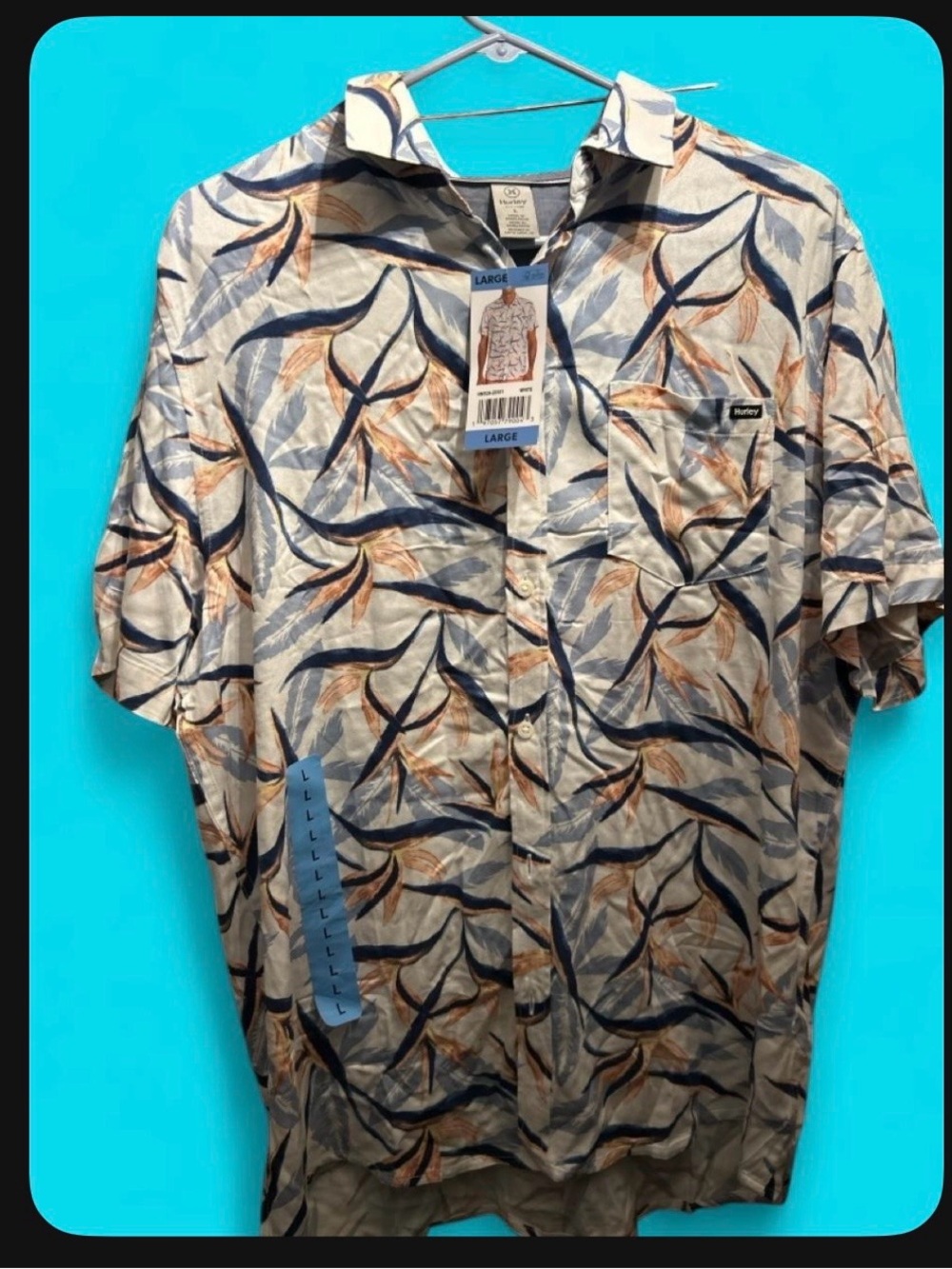 Hurley Short Sleeve Button-Down Shirt in Light Blue, Navy and Tan Leaf Print